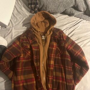 Brown and Red Lightweight Plaid Shirt Jacket with Hood
